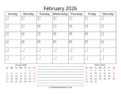 Printable Monthly UK Calendar February 2026