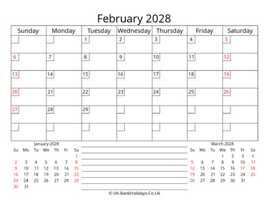 printable monthly uk calendar february 2028