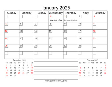 printable monthly uk calendar january 2025
