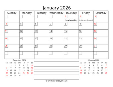 Printable Monthly UK Calendar January 2026