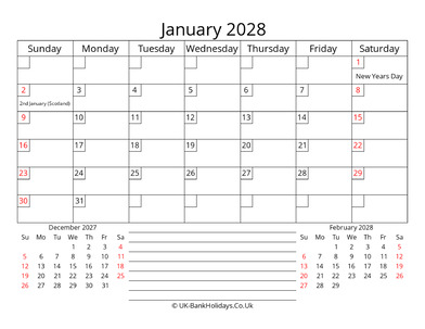 printable monthly uk calendar january 2028
