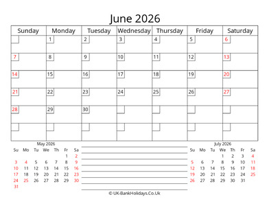printable monthly uk calendar june 2026