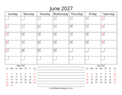 printable monthly uk calendar june 2027