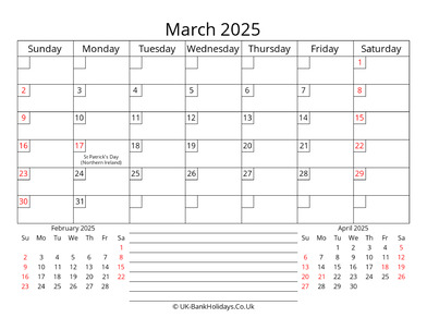 printable monthly uk calendar march 2025