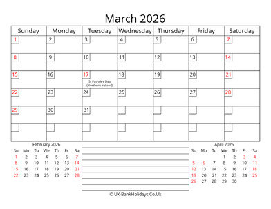 printable monthly uk calendar march 2026