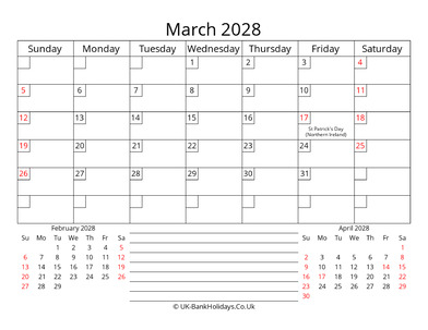 printable monthly uk calendar march 2028