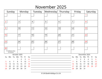 printable monthly uk calendar november 2025