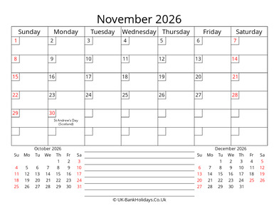 printable monthly uk calendar november 2026