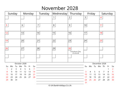 printable monthly uk calendar november 2028