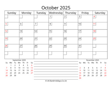 printable monthly uk calendar october 2025