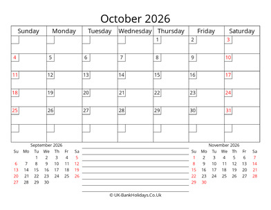 printable monthly uk calendar october 2026