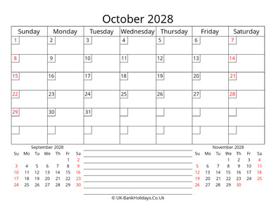 printable monthly uk calendar october 2028