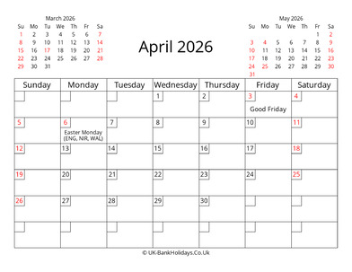 printable uk calendar april 2026