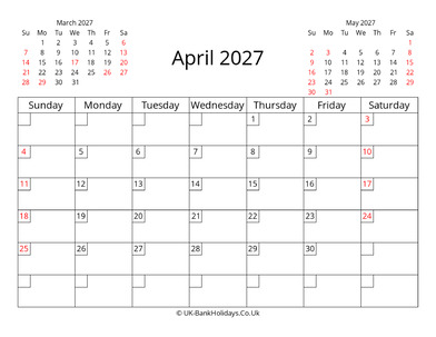 printable uk calendar april 2027
