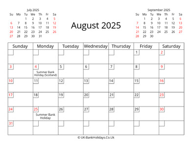 printable uk calendar august 2025