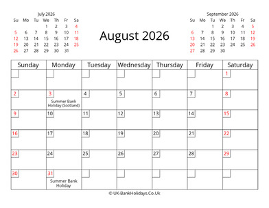 printable uk calendar august 2026