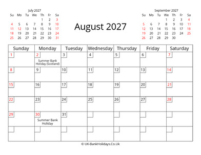 printable uk calendar august 2027