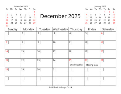 printable uk calendar december 2025