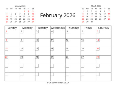 Printable UK Calendar February 2026