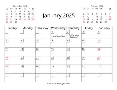 printable uk calendar january 2025