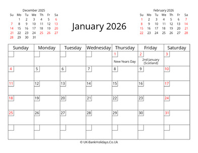 Printable UK Calendar January 2026