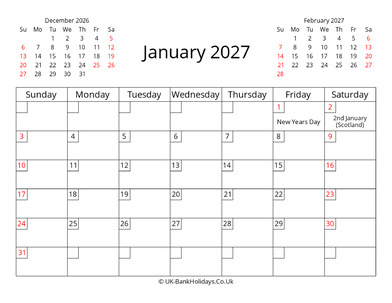 January Calendar 2027