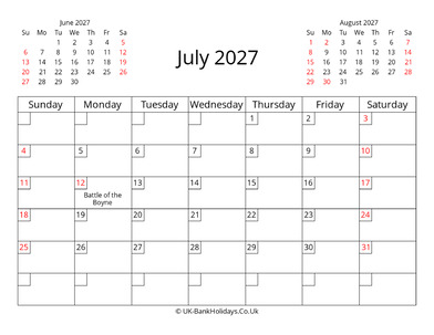 printable uk calendar july 2027