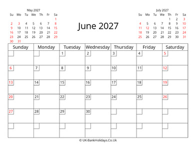 printable uk calendar june 2027