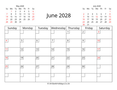 June Calendar 2028
