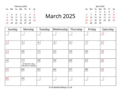 printable uk calendar march 2025