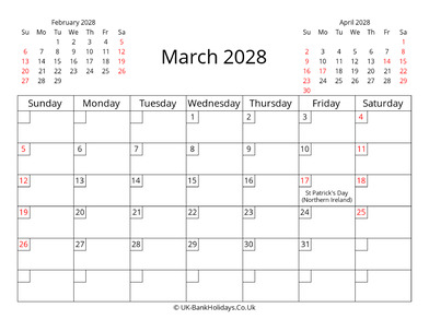 March Calendar 2028