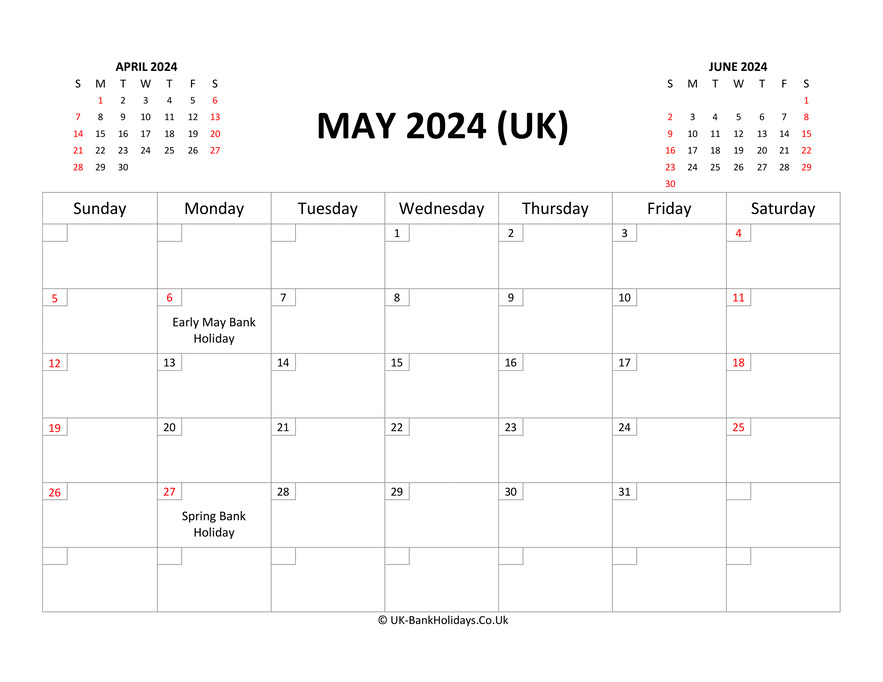 May 2024 Calendar Printable with Bank Holidays UK