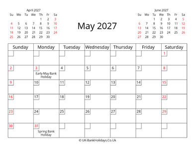 printable uk calendar may 2027