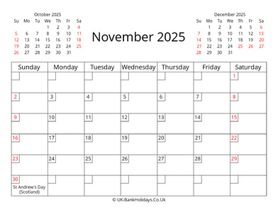 printable uk calendar november 2025