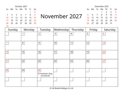 printable uk calendar november 2027