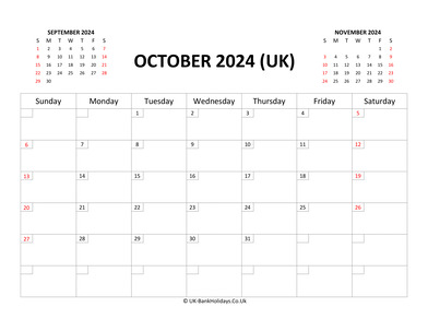 October 2024 Calendar Printable with Bank Holidays UK