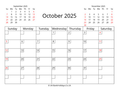 printable uk calendar october 2025