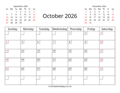 printable uk calendar october 2026