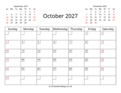 printable uk calendar october 2027