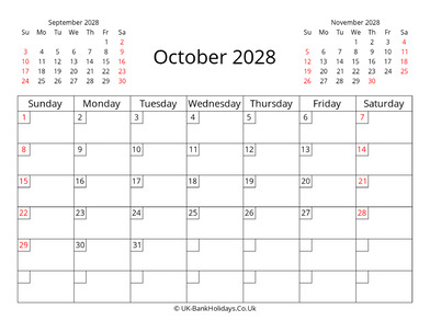 October Calendar 2028