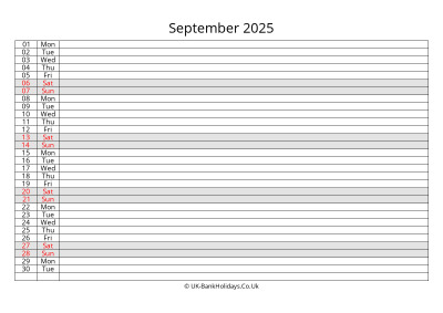 september 2025 monthly uk calendar free