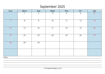 september 2025 monthly uk calendar printable