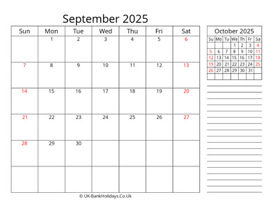 september 2025 uk calendar template