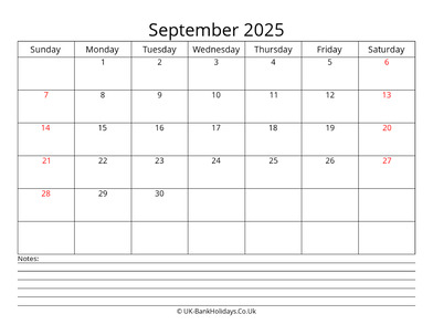 september 2025 uk calendar with notes