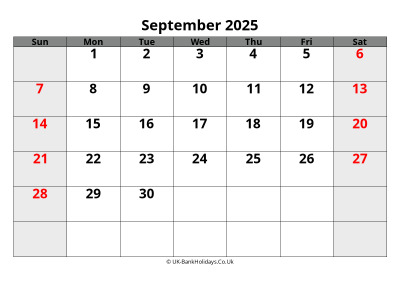 september 2025 word uk calendar