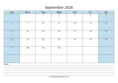 2026 September Calendar with Notes
