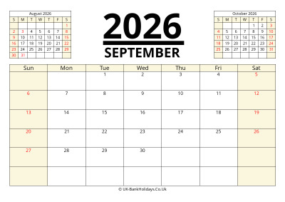 september 2026 printable uk calendar