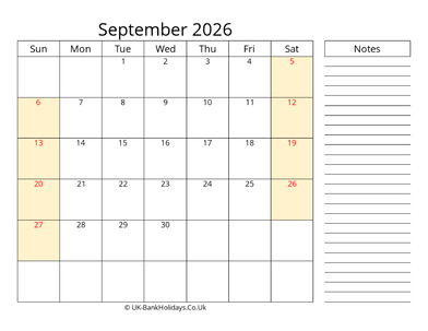 september 2026 uk calendar that work