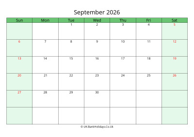 september 2026 uk calendar to print