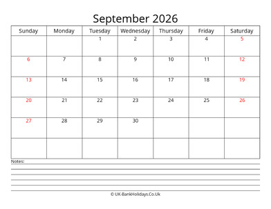 september 2026 uk calendar with notes